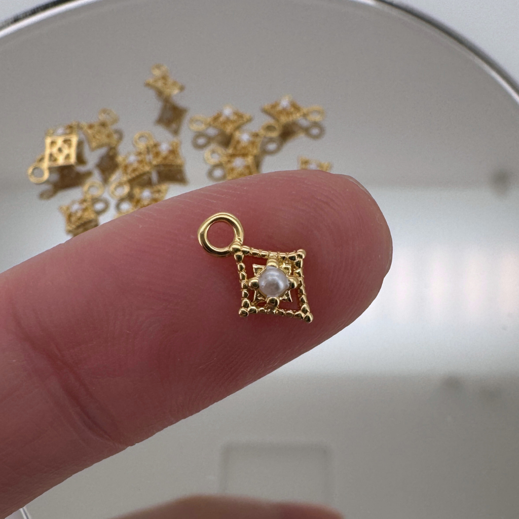 Dotted Diamond Pearl Charm - Gold Filled