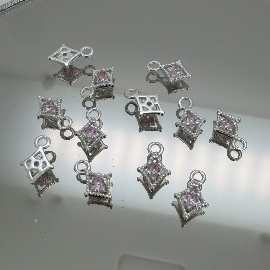 Dotted Diamond Pink Zircon Charm - Sterling Silver