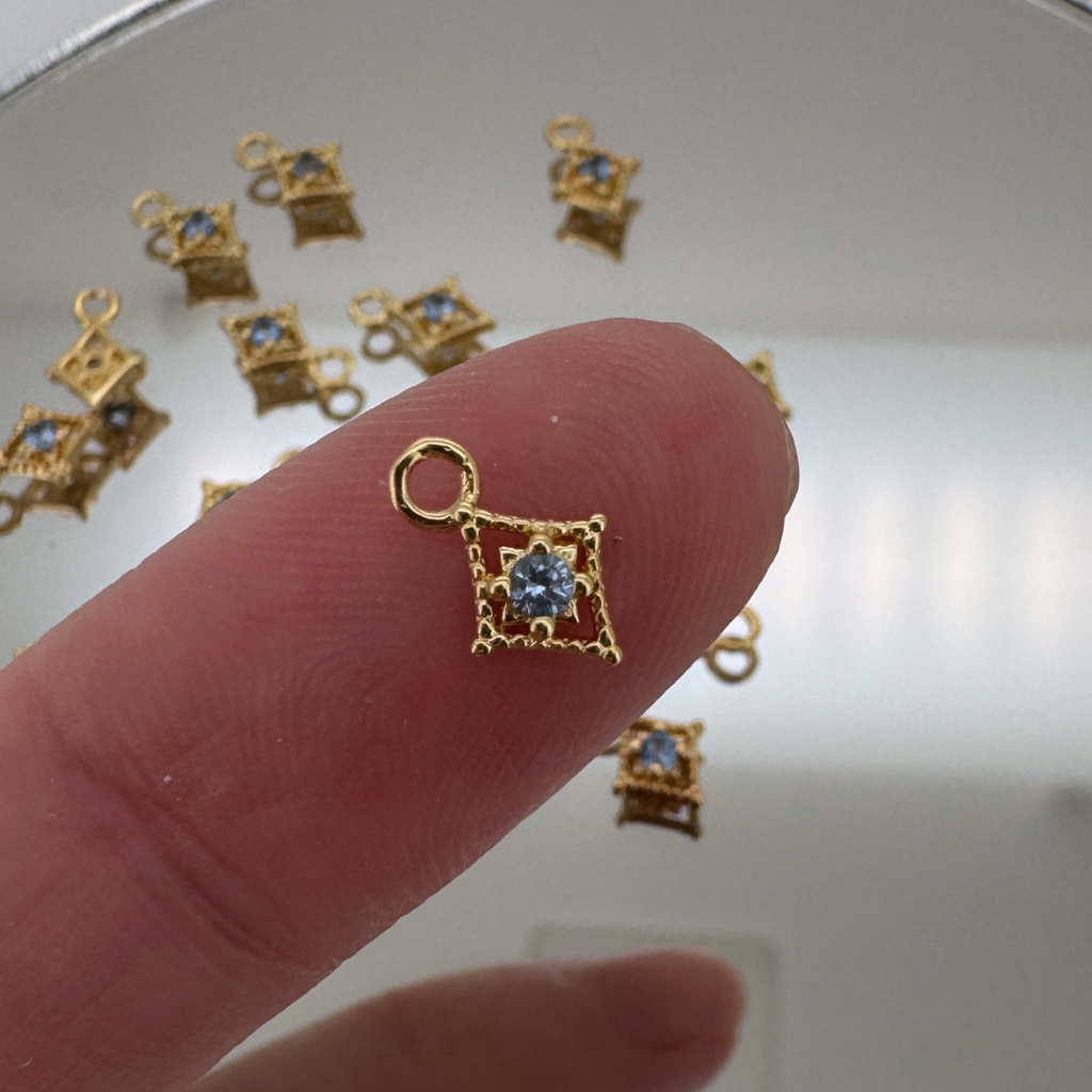 Dotted Diamond Blue Zircon Charm - Gold Filled