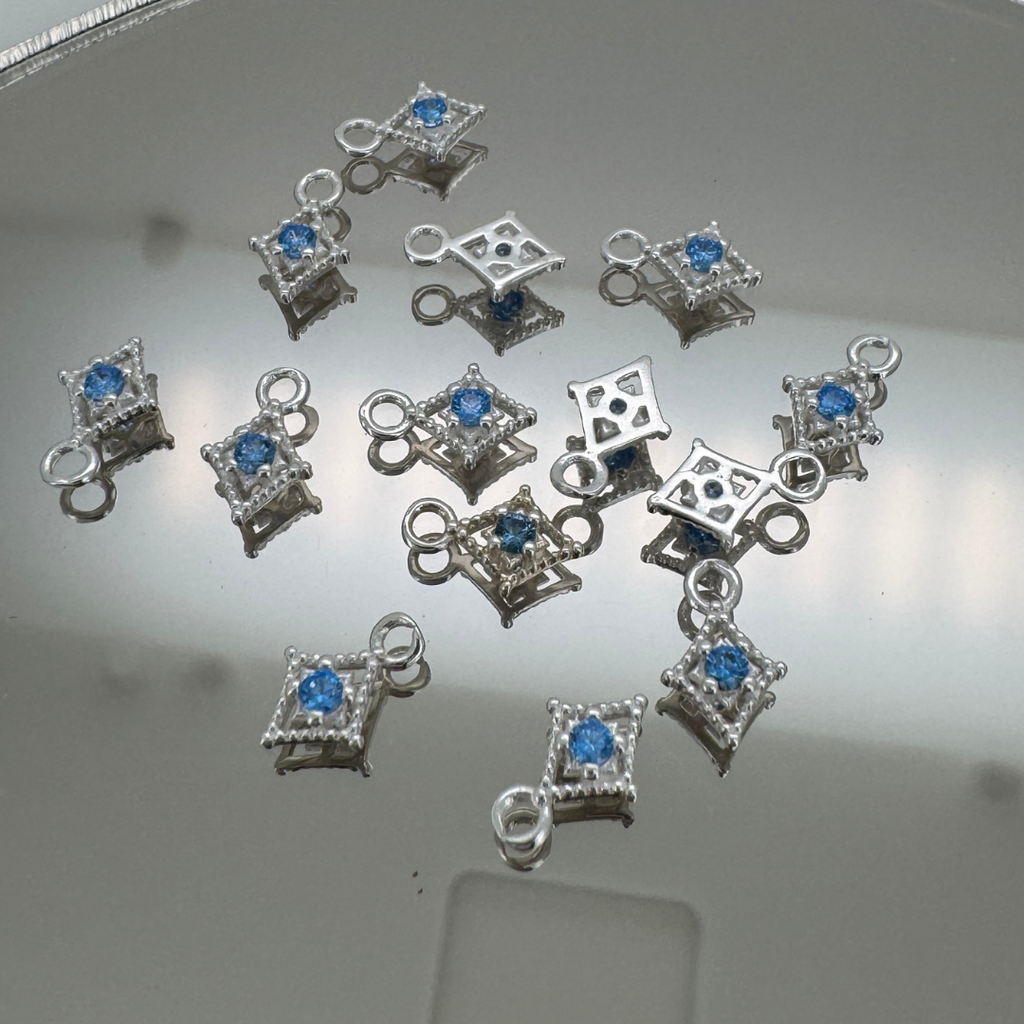 Dotted Diamond Blue Zircon Charm - Sterling Silver