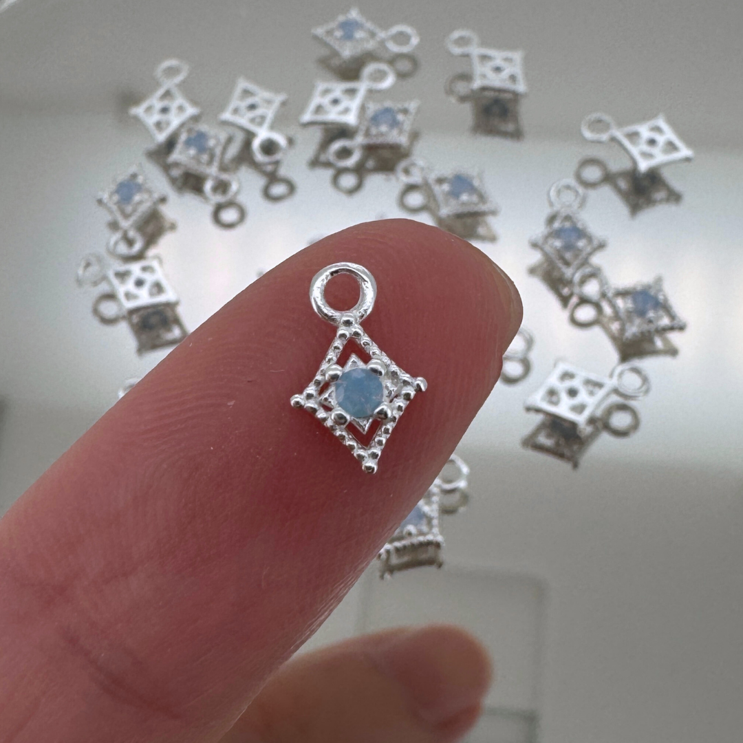 Dotted Diamond Blue Monstone Charm - Sterling Silver