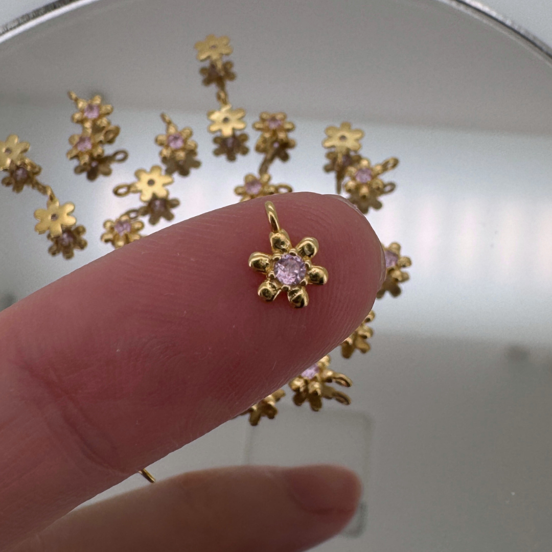 Dainty Flower Pink Zircon Charm - Gold Filled