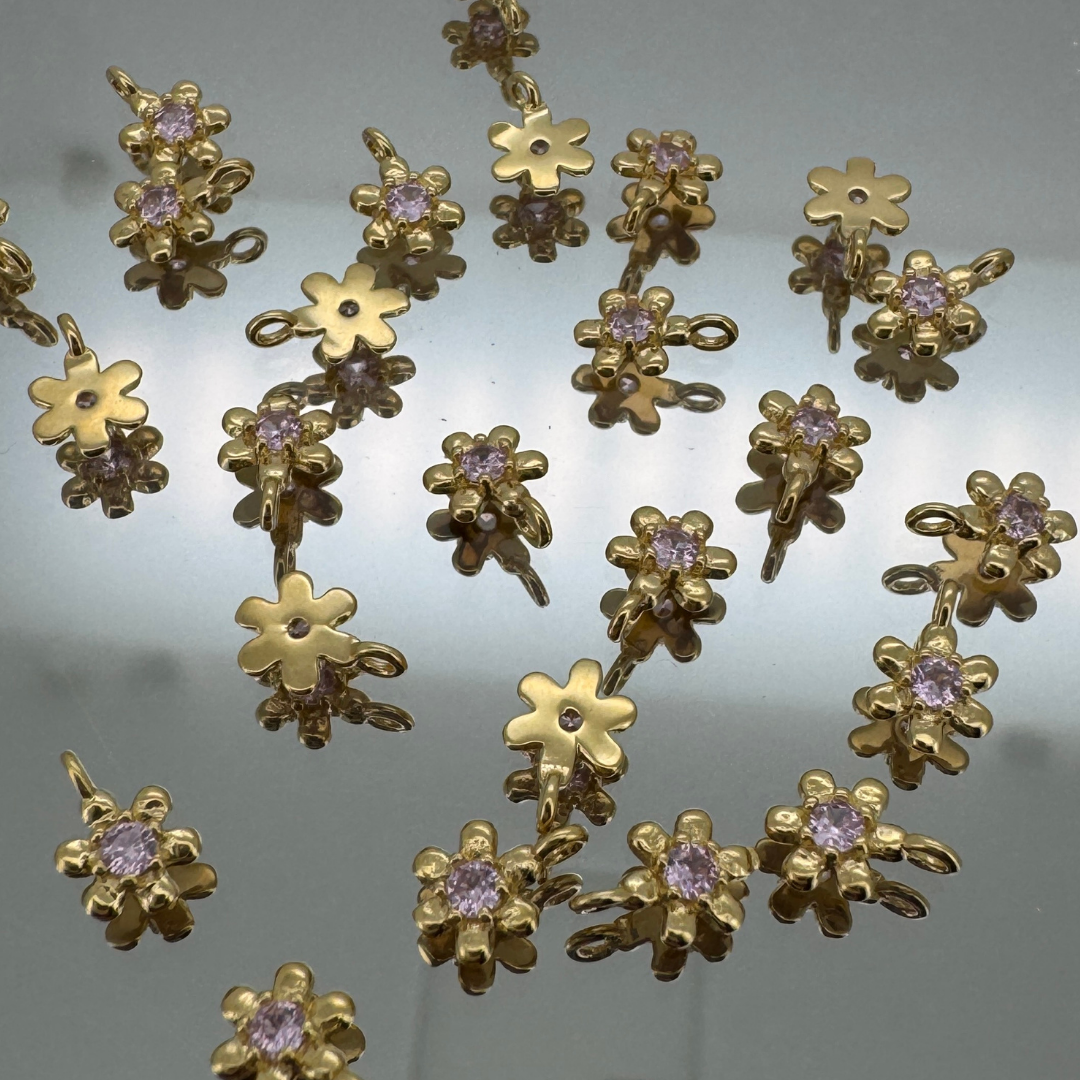 Dainty Flower Pink Zircon Charm - Gold Filled