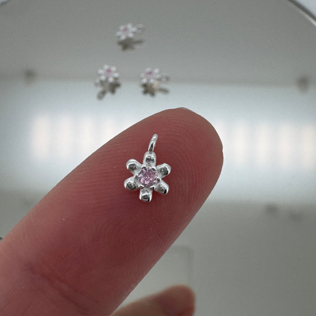 Dainty Flower Pink Zircon Charm - Sterling Silver