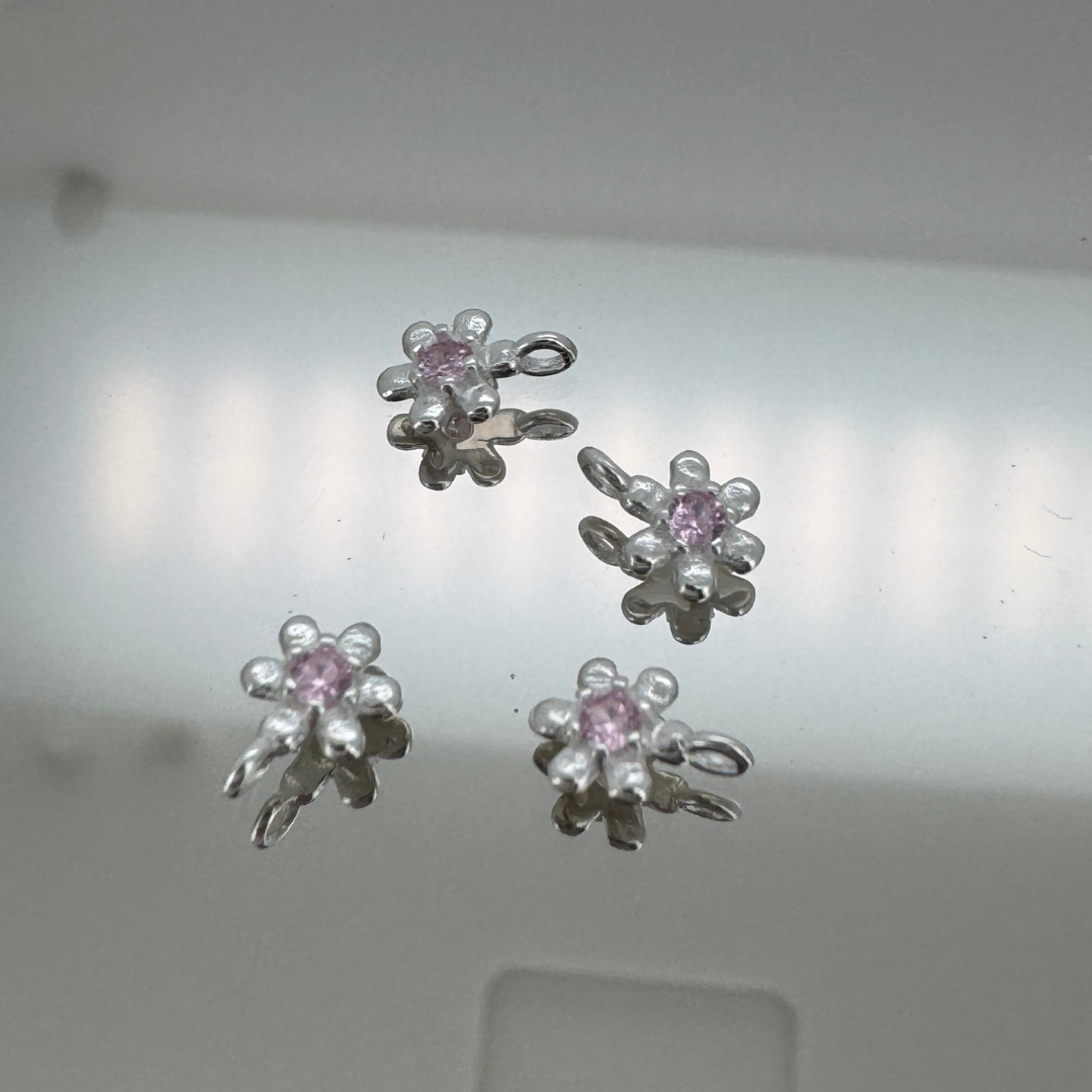 Dainty Flower Pink Zircon Charm - Sterling Silver