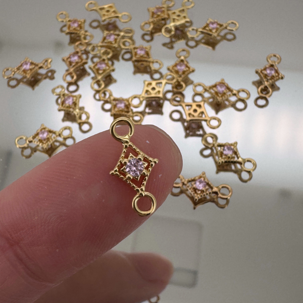 Dotted Diamond Pink Zircon Connector - Gold Filled